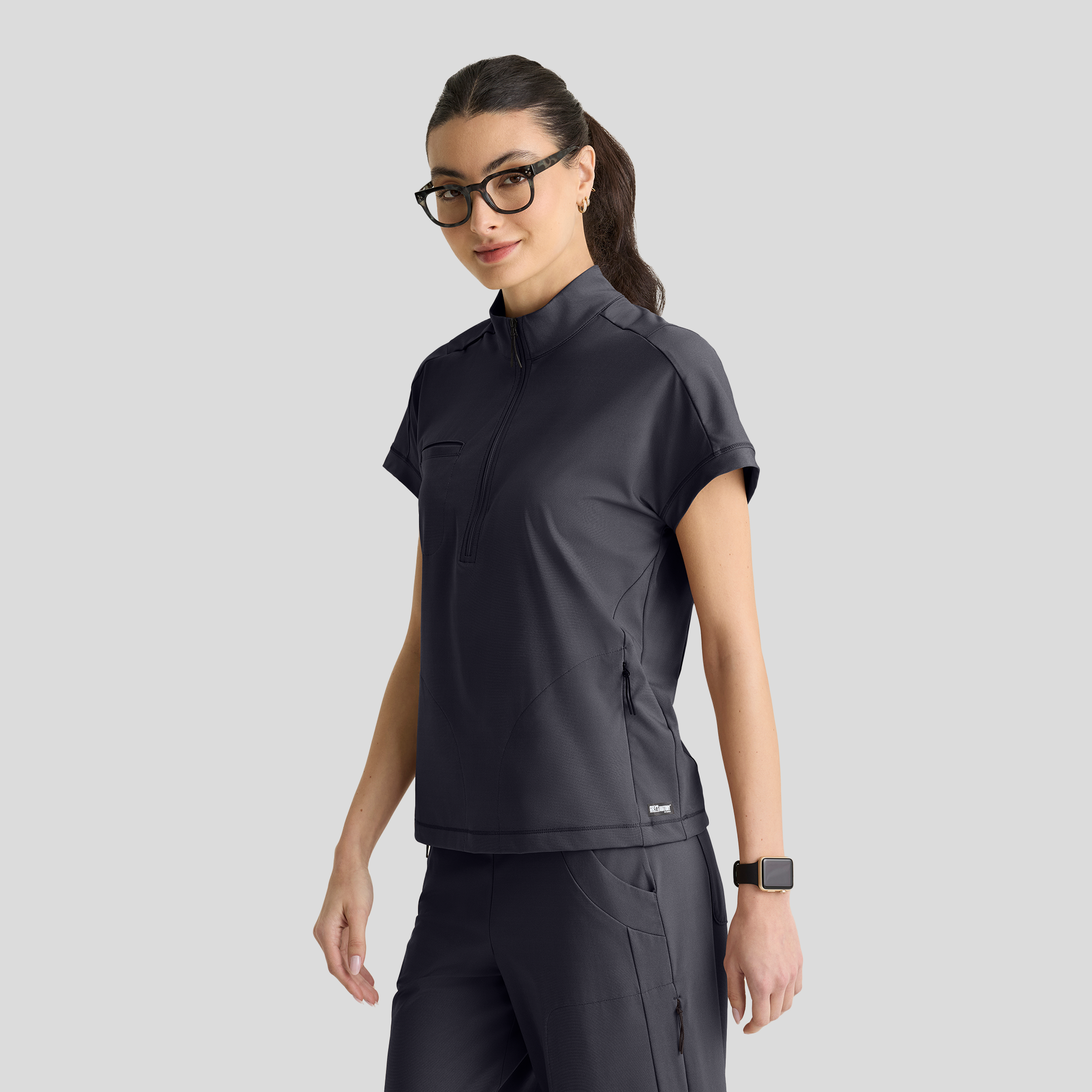 Crystal 3-Pocket Mock Neck Zip-Placket Top | Pewter
